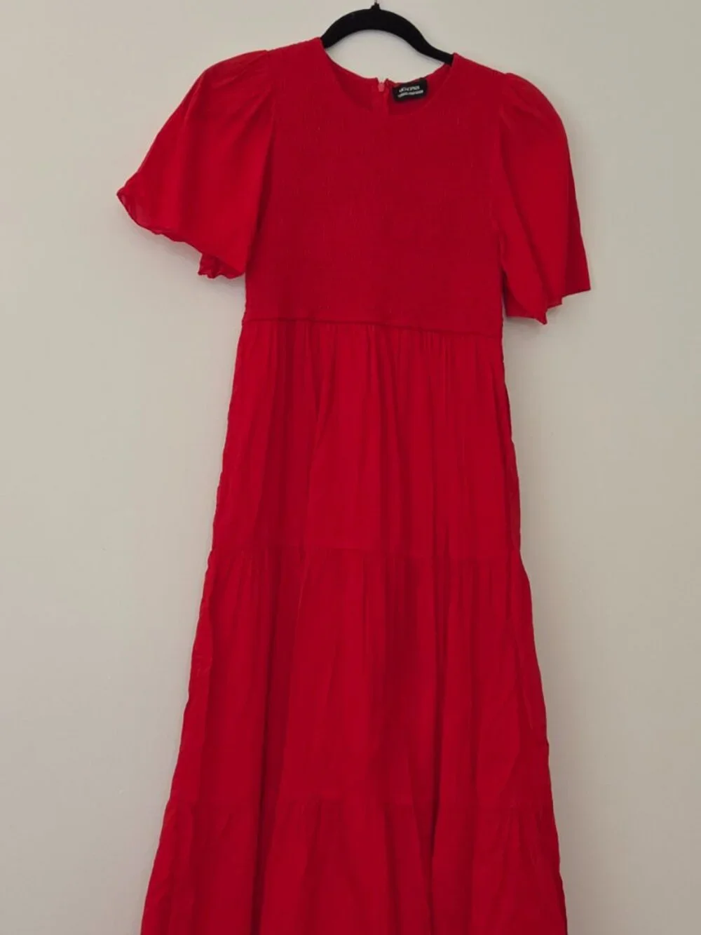 Monoprix Red Smocked Midi Dress NWOT lined - Picture 2 of 11